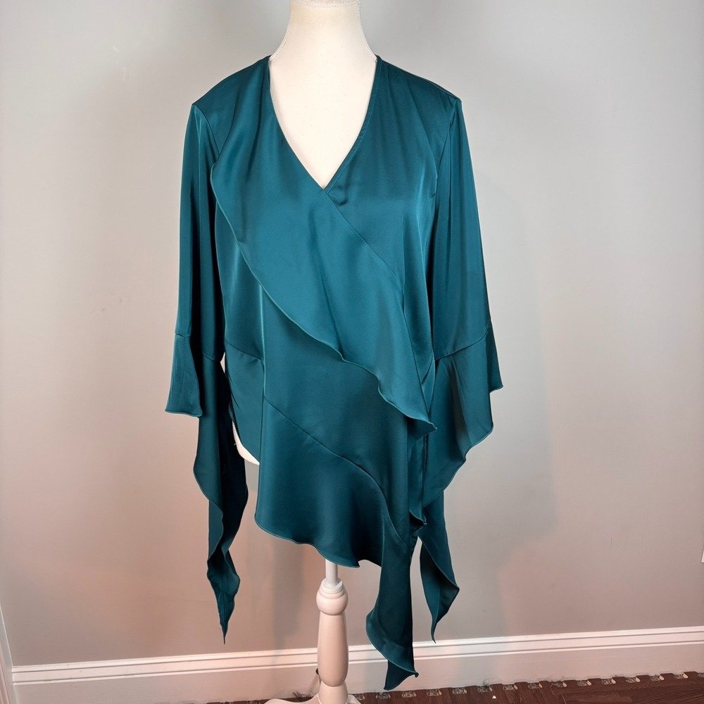 NEW Misook Assymetrical Teal Ruffle Blouse Womens Large NWT $288 MSRP Artsy